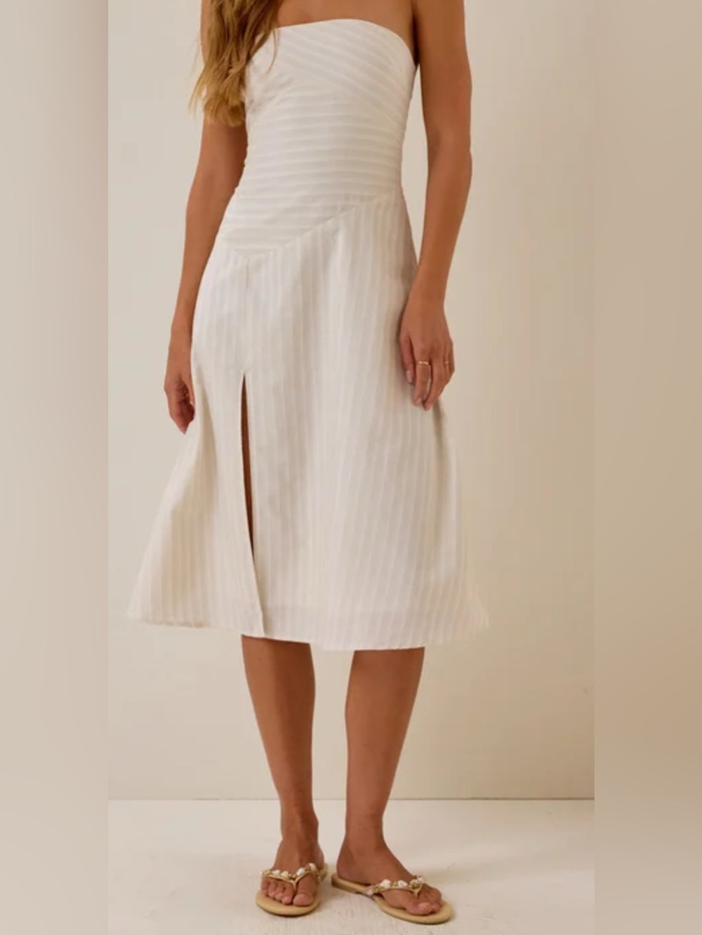 Women's Cream Striped dress with Front Slit
